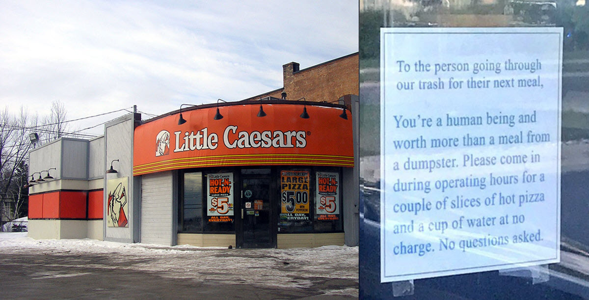 Pizza Restaurant Leaves Note to Homeless Man Offering Food, Ends up Feeding Thousands