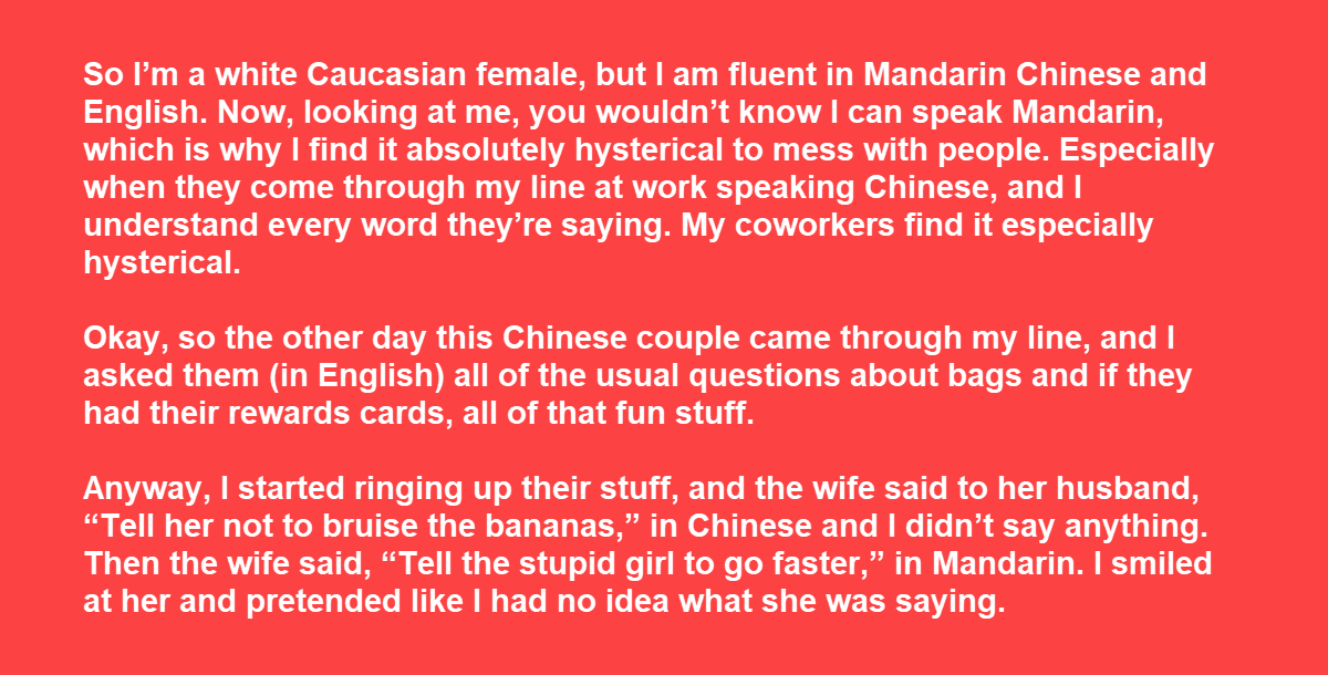 Bilingual Cashier Doesn’t Let Customer Know She Speaks Mandarin Chinese